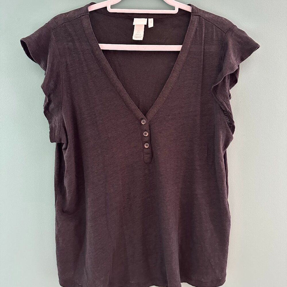 H&M Black Flutter Short Sleeve V-Neck Henley Top - Large